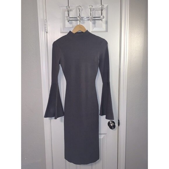 SEED Heritage Gray Bodycone Ribbed Long Bell Sleeve Midi Stretch Dress Sz Small - Picture 3 of 12